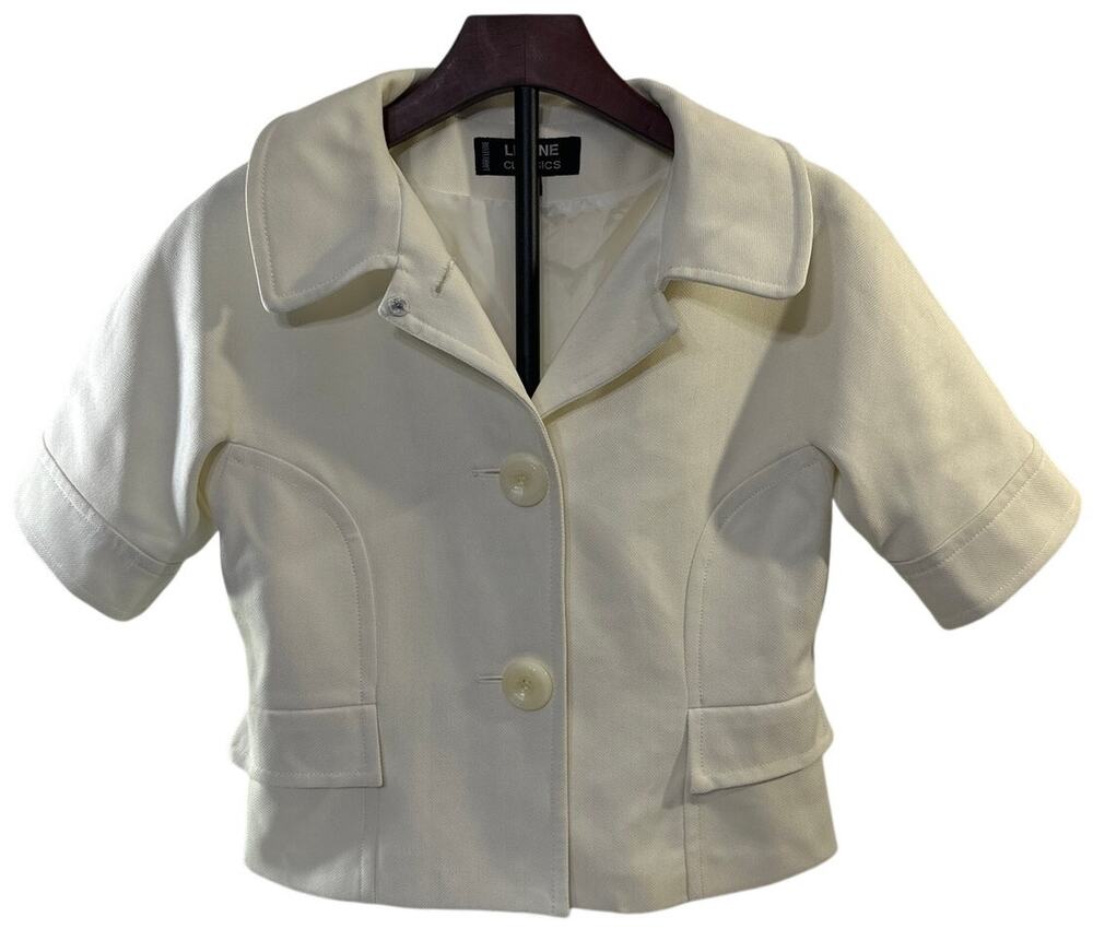 Vintage Larry Levine White Short Sleeve Cream Blazer Jacket Tailored Career Sz 4